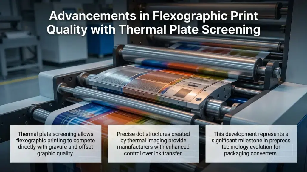 Industrial flexographic printing press printing a multi-color sheet; three translucent captions describe advances in thermal plate screening on the image surface.