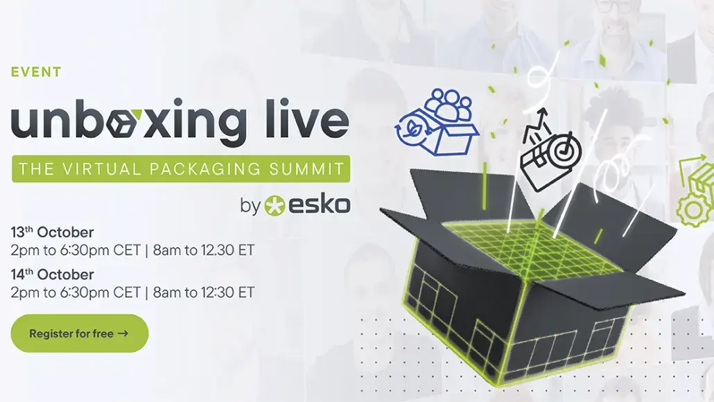 Event banner: unboxing live — The Virtual Packaging Summit by Esko, Oct 13–14, with a 3D green-grid box and packaging icons.