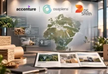 DS Smith, Accenture and osapiens Strengthen Packaging Supply Chain Traceability Office workspace with an Africa map and glowing data panels, stacked cardboard, an open brochure, and logos for Accenture, Osapiens, and DS Smith in the background.