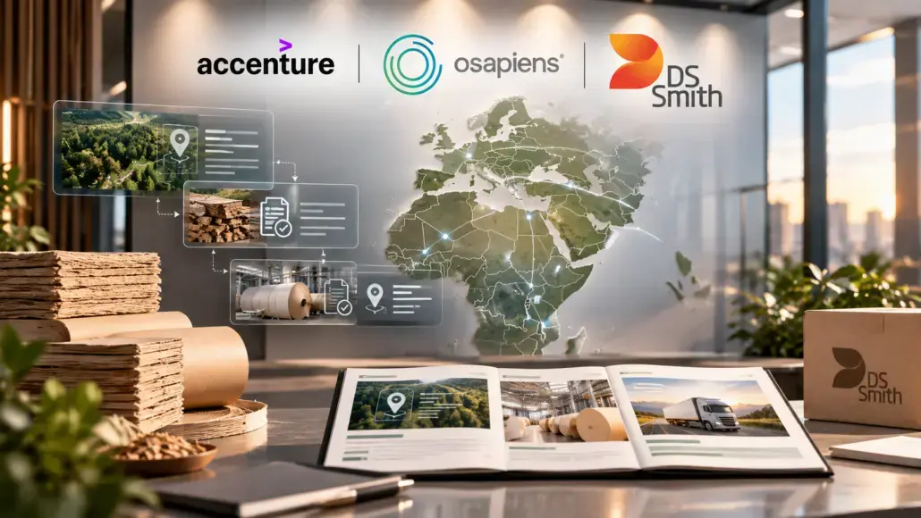 Office workspace with an Africa map and glowing data panels, stacked cardboard, an open brochure, and logos for Accenture, Osapiens, and DS Smith in the background.