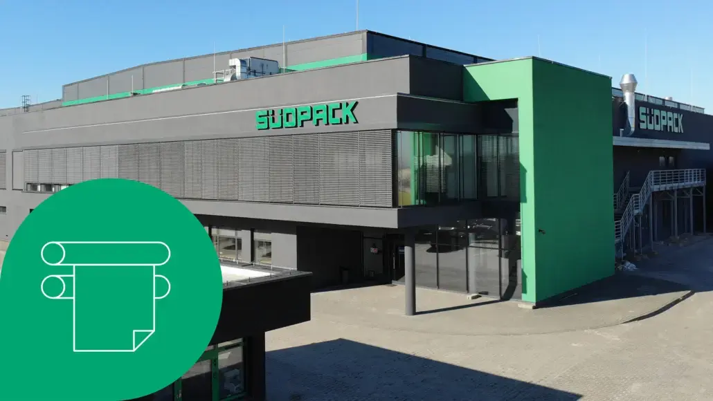 Exterior of a packaging factory with a 'SUOPACK' sign and a large green circular overlay containing a white printer icon.